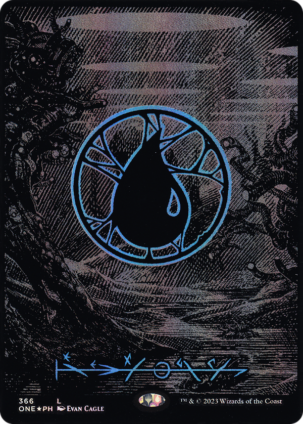 Island (Phyrexian) - Full Art (Oil Slick Raised Foil) (ONE-366) - Phyrexia: All Will Be One (Borderless) Foil
