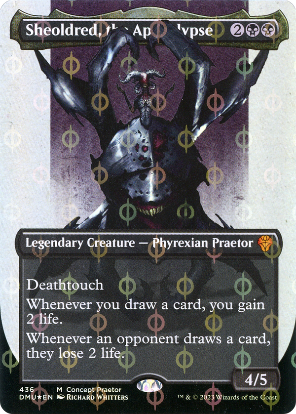 Sheoldred, the Apocalypse (Concept Praetor) (Step-And-Compleat Foil) (ONE-436) - Dominaria United (Borderless) Foil