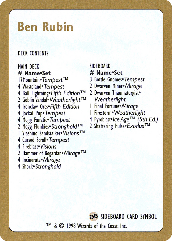 1998 Ben Rubin Decklist Card (WCD-) - World Championship Decks 1998