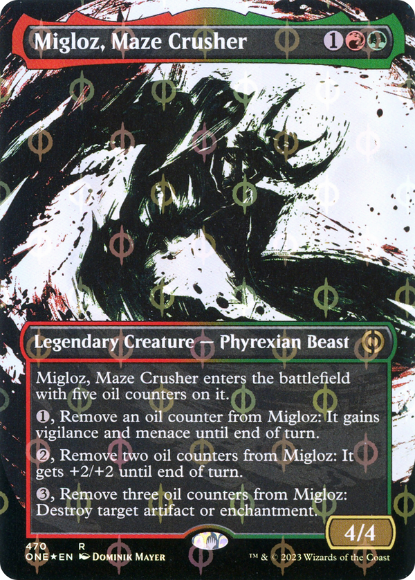 Migloz, Maze Crusher (Showcase) (Step-and-Compleat Foil) (ONE-470) - Phyrexia: All Will Be One: (Showcase) (Borderless) Foil
